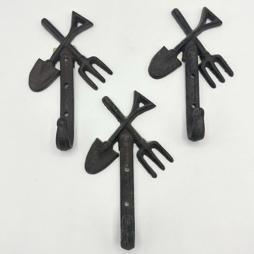 Vintage Cast Iron Shovel & Rake Garden Tool Hooks Hook Cottage Core Shabby Chic